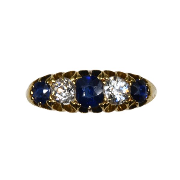 Antique Victorian Sapphire and Diamond Five Stone Ring, 18ct Gold
