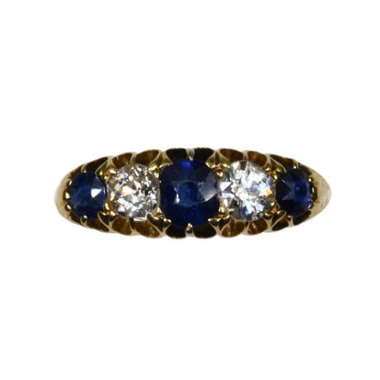 Antique Victorian Sapphire and Diamond Five Stone Ring, 18ct Gold