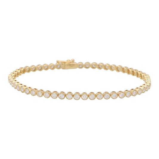 Rub Over Diamond Line Bracelet in 18ct Yellow Gold, 2.88 carat total, 55 round brilliant cut diamonds bezel set in yellow gold, G/H colour with VVS clarity