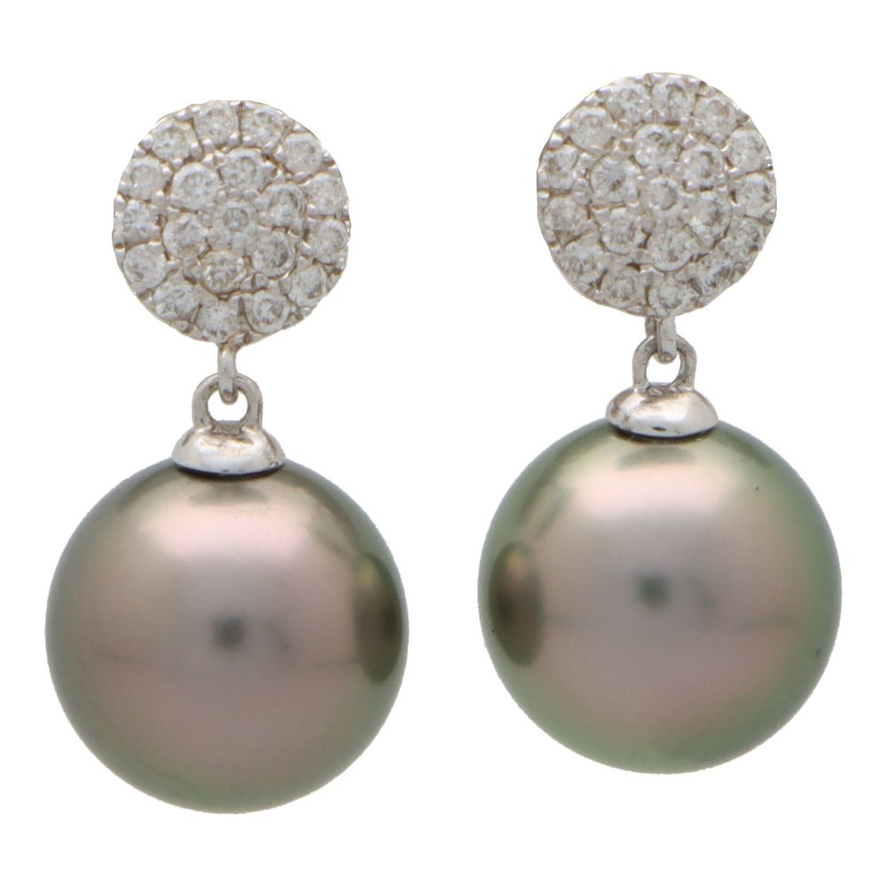 Tahitian Pearl and Diamond Drop Earrings, 9mm black grey