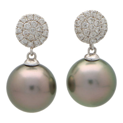 Tahitian Pearl and Diamond Drop Earrings, 9mm black grey