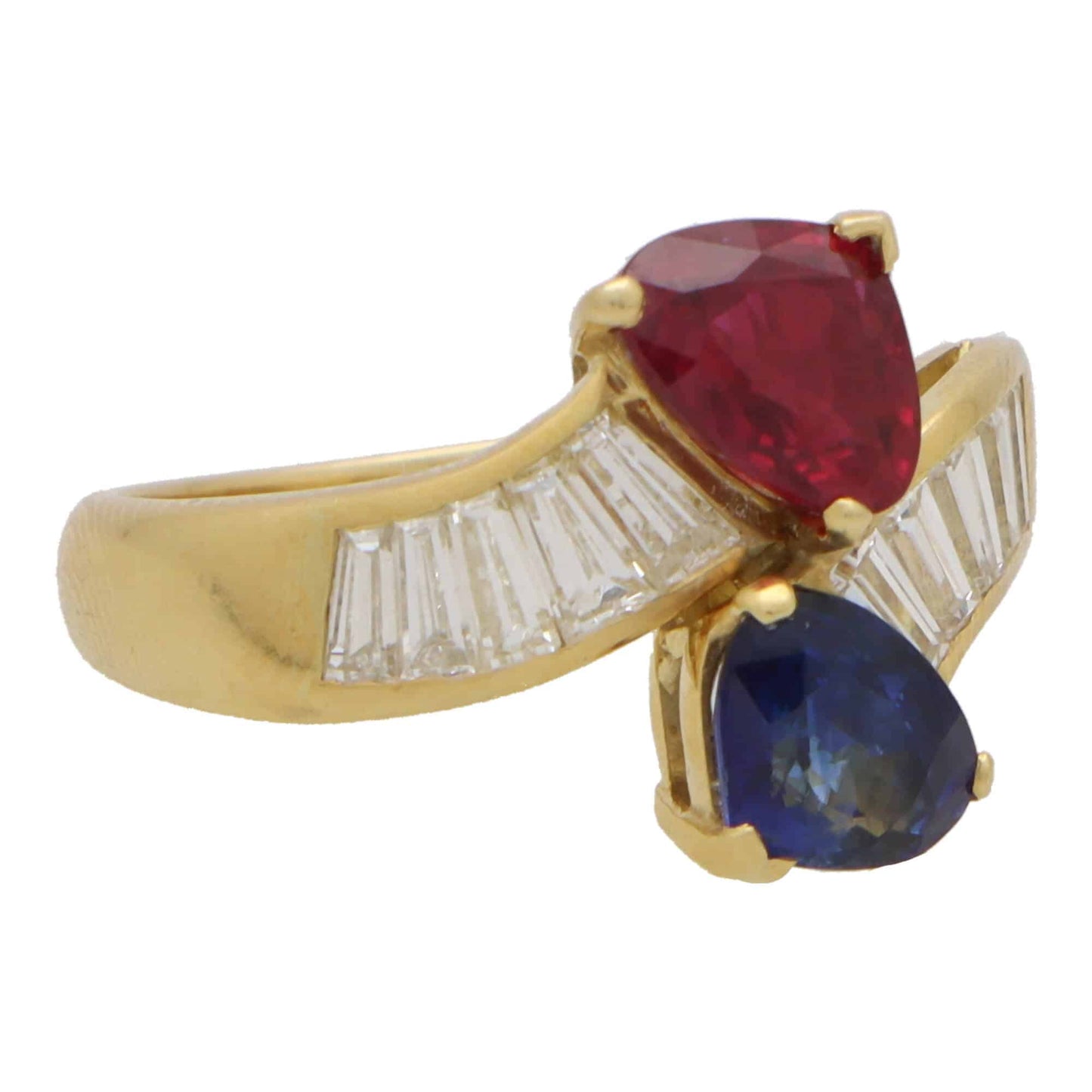 Vintage Ruby and Sapphire Toi et Moi Crossover Ring with Baguette Diamonds