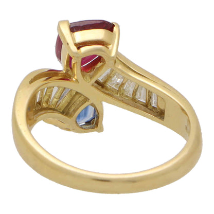 Vintage Ruby and Sapphire Toi et Moi Crossover Ring with Baguette Diamonds