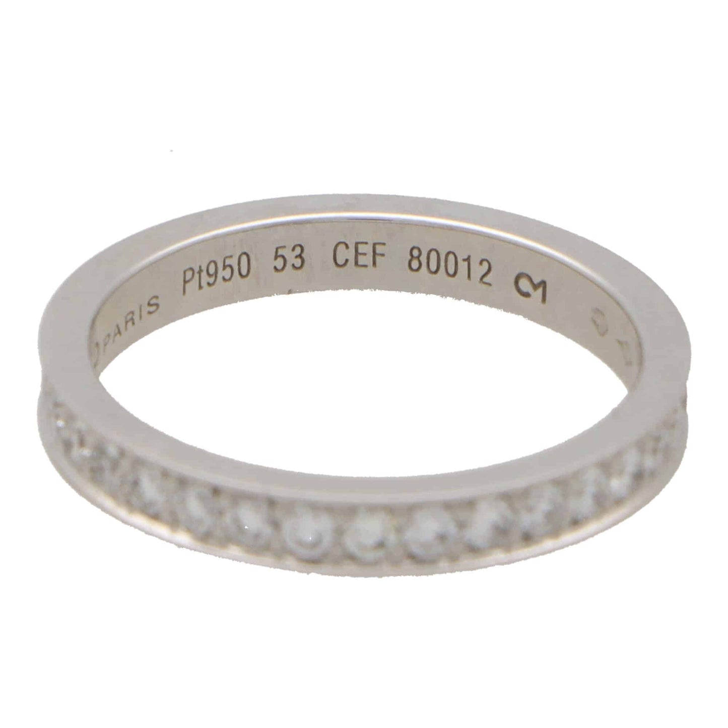 A platinum diamond full eternity band ring, stamped PARIS Pt950 53 CEF 80012, on a white background