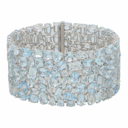 Aquamarine Wide Cuff Bracelet, 74.34 carat total, 157 mixed-cut aquamarine stones varying in beautiful sky-blue shades
