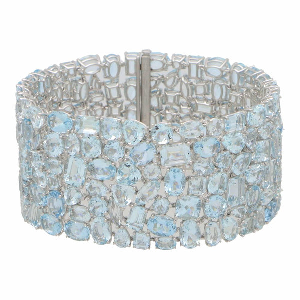 Aquamarine Wide Cuff Bracelet, 74.34 carat total, 157 mixed-cut aquamarine stones varying in beautiful sky-blue shades