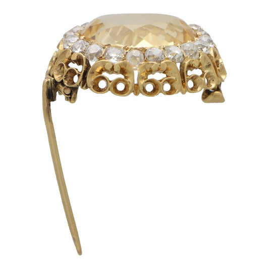 Antique 7.73ct Oval Citrine and Old Cut Diamond Cluster Brooch 14ct gold scrolled edge