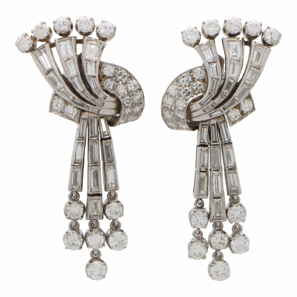 Vintage 2ct Baguette and Brilliant Diamond Drop Earrings in Platinum, Circa 1940