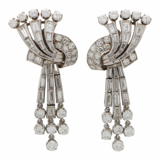 Vintage 2ct Baguette and Brilliant Diamond Drop Earrings in Platinum, Circa 1940