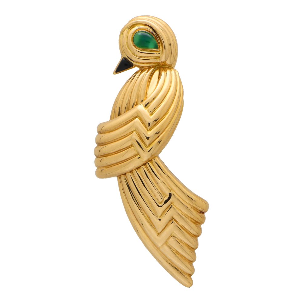 1980's Boucheron Vintage 18K Chalcedony and Onyx Bird Brooch