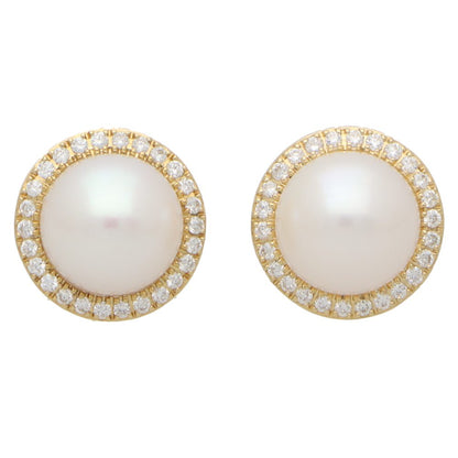 Modern Pair of Pearl and Diamond Halo Cluster Stud Earrings in 18ct Yellow Gold