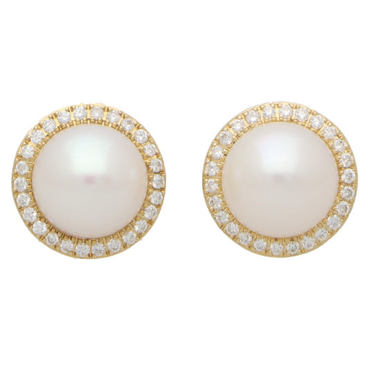 Modern Pair of Pearl and Diamond Halo Cluster Stud Earrings in 18ct Yellow Gold