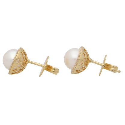 Modern Pair of Pearl and Diamond Halo Cluster Stud Earrings in 18ct Yellow Gold