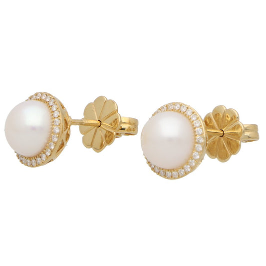 Modern Pair of Pearl and Diamond Halo Cluster Stud Earrings in 18ct Yellow Gold