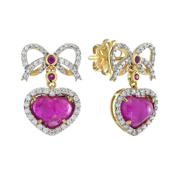 2ct Ruby Heart and Diamond Bow Drop Earrings