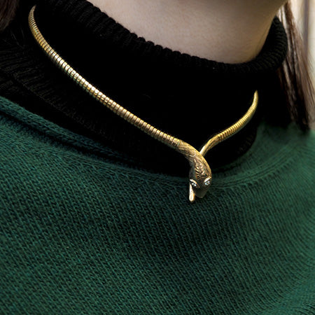 Vintage Yellow Gold Snake Necklace with Diamonds Eyes