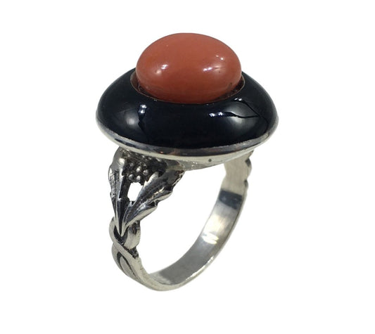 Vintage French Coral and Black Lacquer Target Ring in Silver with foliate decoration, Circa 1930