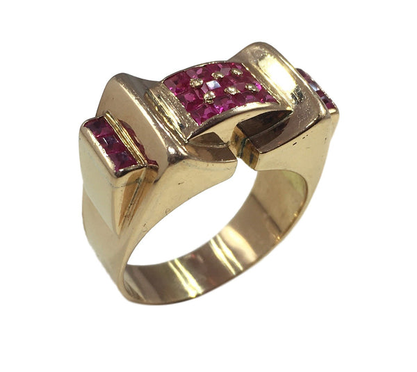 Modernist Retro Ruby and 18ct Yellow Gold Tank Ring, Circa 1940s