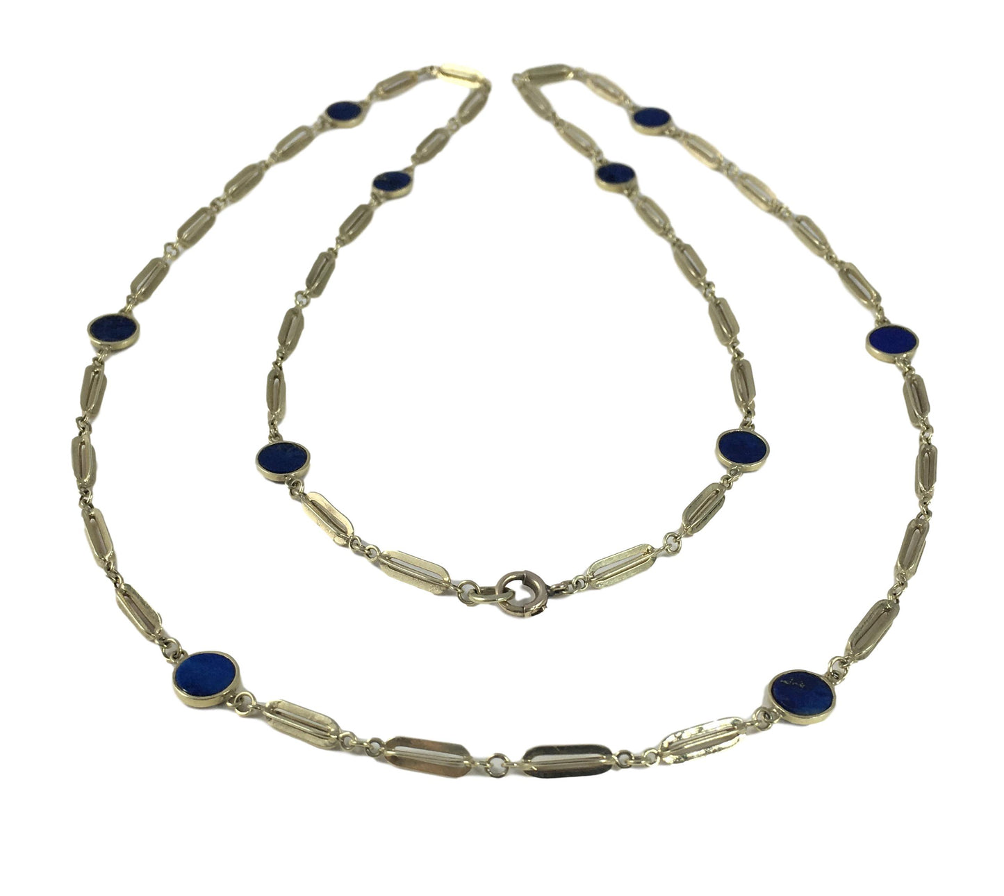Vintage Lapis Lazuli and Gold Fancy Link Chain Necklace, Circa 1960s