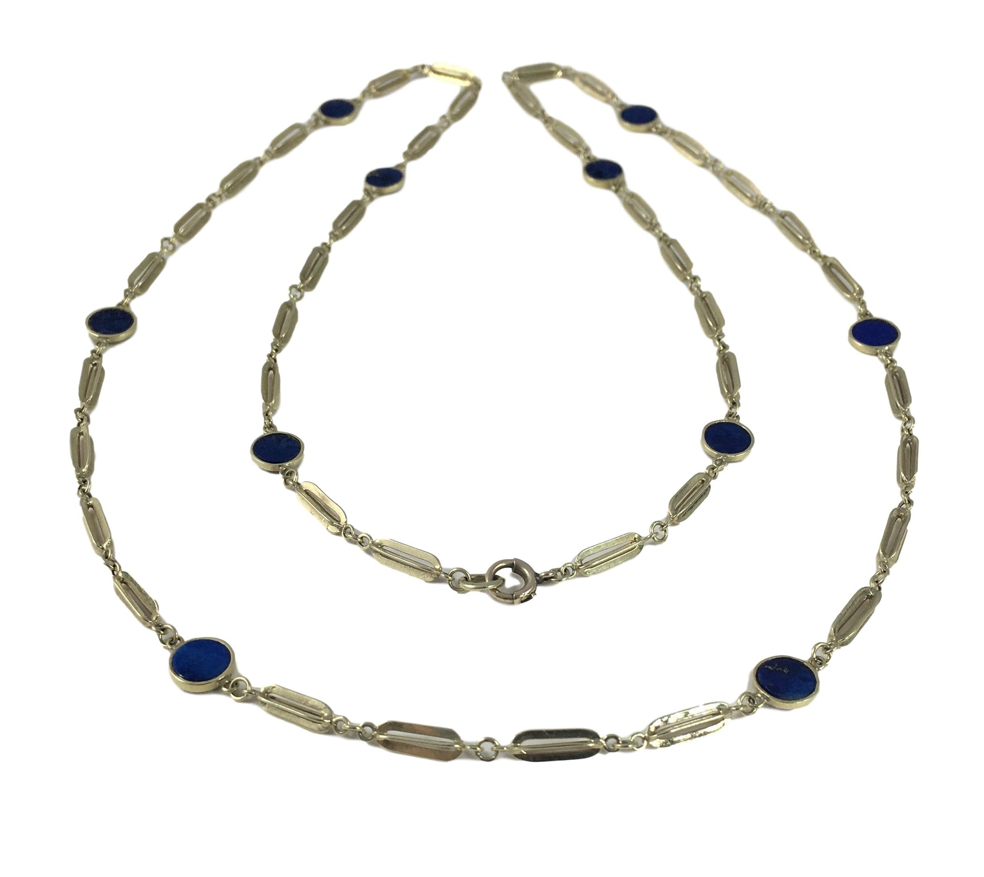 Vintage Lapis Lazuli and Gold Fancy Link Chain Necklace, Circa 1960s