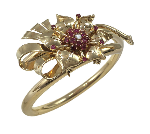 Vintage Ruby, Diamond and Gold Flower Bangle Brooch, Circa 1940s