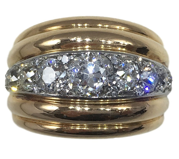 French 1940s Diamond Gold Platinum Ridged Dome Ring, 4cts