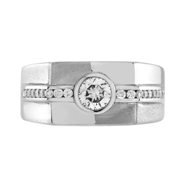 Diamond Set Gents Platinum Wedding Band Ring, angular design platinum band with 0.47ct G VS round brilliant-cut diamond within diamond studded row shoulders