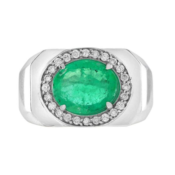 2.87ct Emerald and Diamond Cluster White Gold Signet Ring, substantial gentleman's/unisex chunky 18ct white gold ring with central oval emerald and diamond cluster