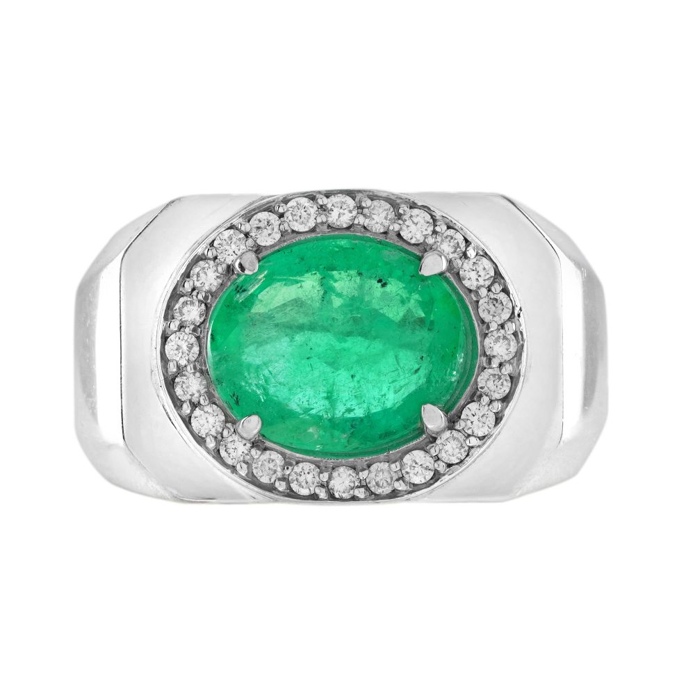 2.87ct Emerald and Diamond Cluster White Gold Signet Ring