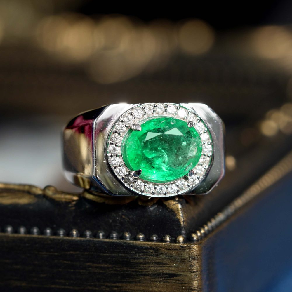2.87ct Emerald and Diamond Cluster White Gold Signet Ring
