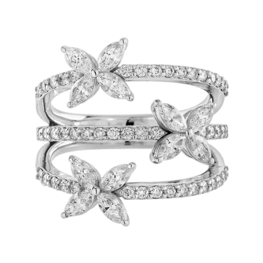 0.90ct Marquise Diamond Triple Floral Band Ring in 18ct White Gold, three rows of diamonds each set with a marquise-cut diamond flower, 1.37 carat total