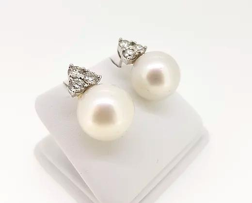 Southsea Pearl Stud Earrings with 1.80cts Trefoil Diamond Tops, 18ct Gold