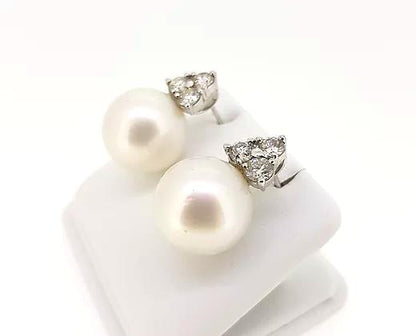 Southsea Pearl Stud Earrings with 1.80cts Trefoil Diamond Tops, 18ct Gold