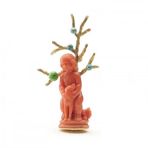 STERLÉ CHILD AND DOG CORAL TURQUOISE JADE AND GOLD BROOCH