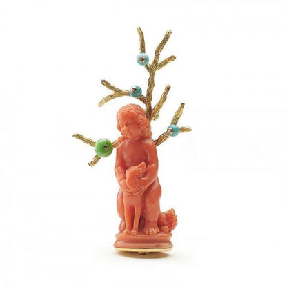 STERLÉ CHILD AND DOG CORAL TURQUOISE JADE AND GOLD BROOCH