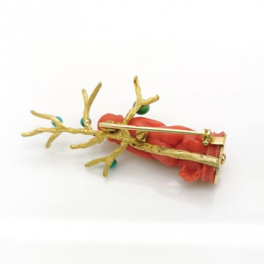 Sterlé Coral Turquoise Jade And Gold Brooch