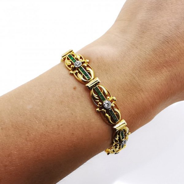 STRAUSS, ETTLINGER ET CIE ANTIQUE ART NOUVEAU FRENCH EMERALD, DIAMOND AND GOLD BRACELET
