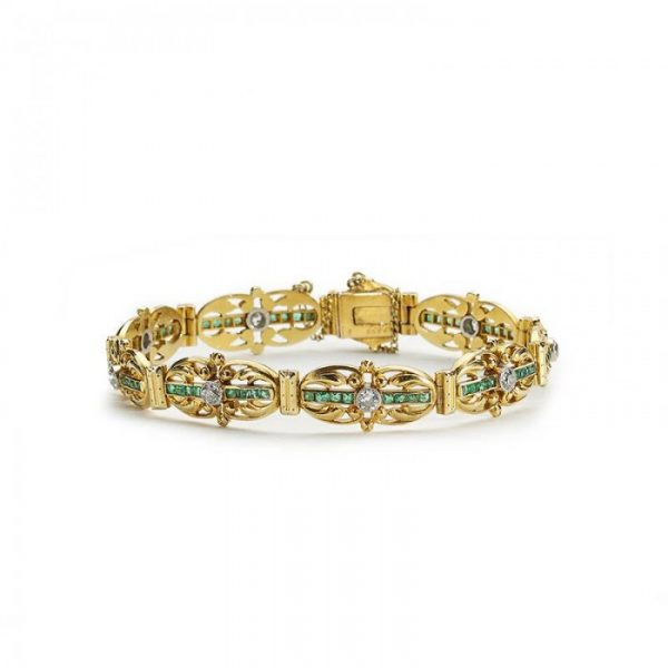 STRAUSS, ETTLINGER ET CIE ANTIQUE ART NOUVEAU FRENCH EMERALD, DIAMOND AND GOLD BRACELET