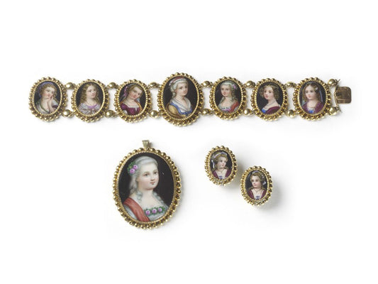 Antique Victorian Swiss Enamel Portrait Suite
