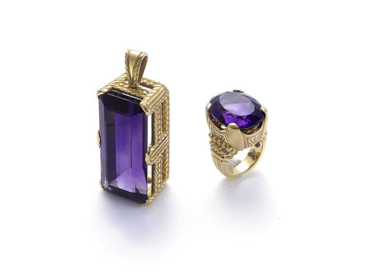Amethyst Yellow Gold Pendant and Ring Suite