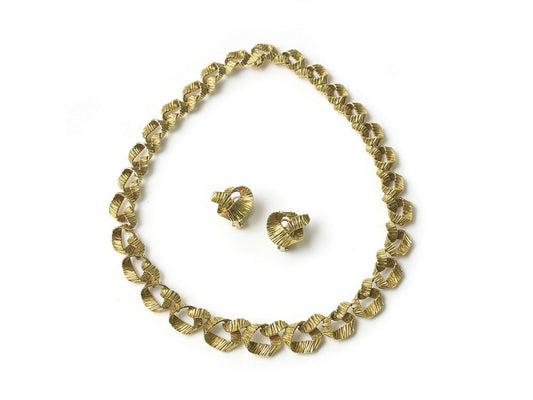 Vintage Hermes Woven Gold Ribbon Necklace and Earrings Suite