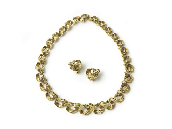 Vintage Hermes Woven Gold Ribbon Necklace and Earrings Suite