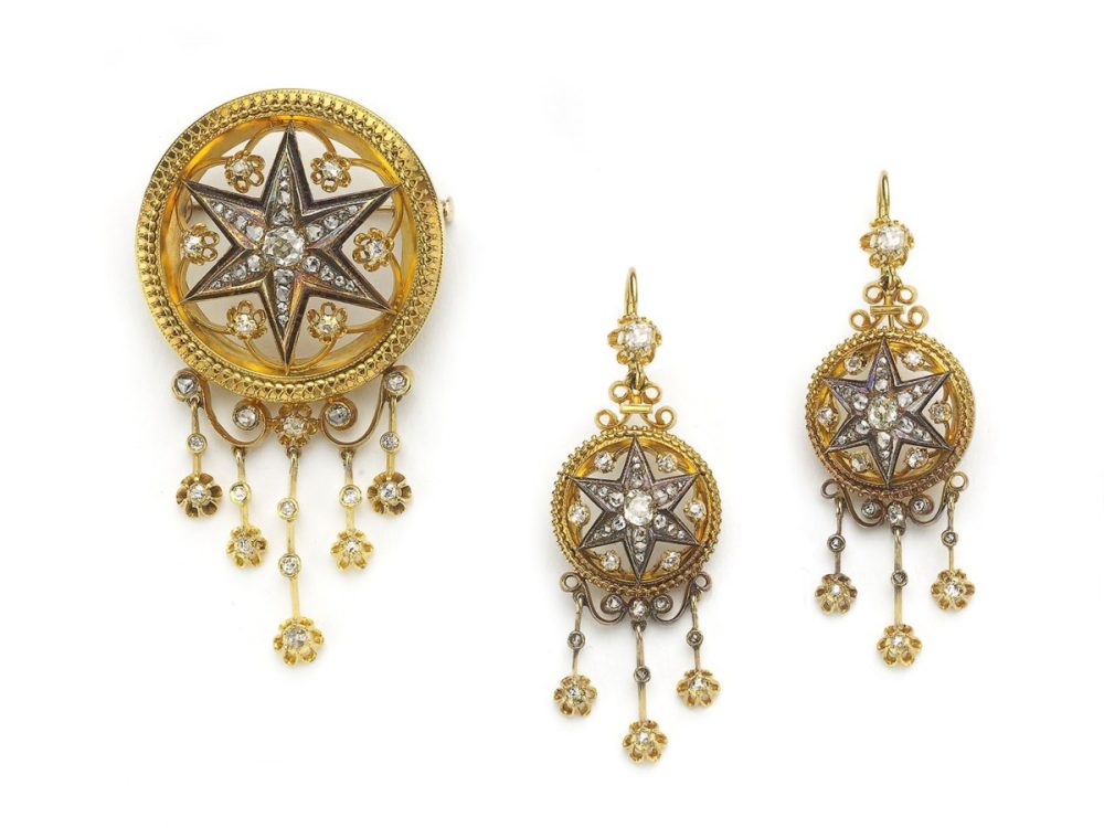 Antique Victorian Diamond Gold Enamel Brooch & Earrings Suite