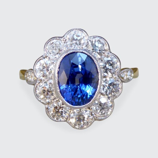 Sapphire 1.65ct and European Cut Diamond Cluster Ring