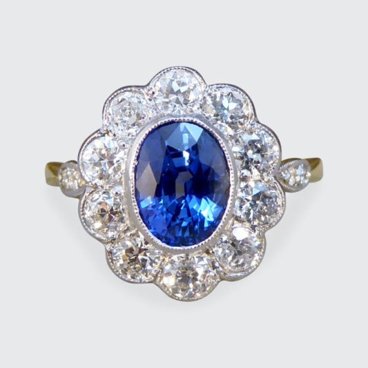 Sapphire 1.65ct and European Cut Diamond Cluster Ring