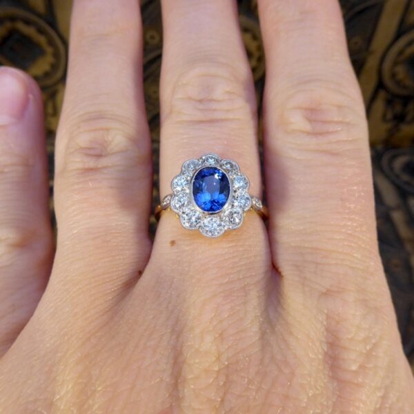Sapphire 1.65ct and European Cut Diamond Cluster Ring