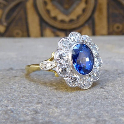 Sapphire 1.65ct and European Cut Diamond Cluster Ring