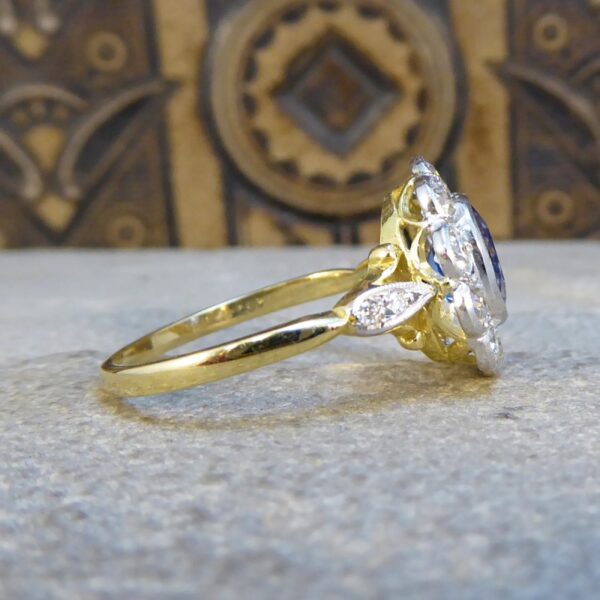 Sapphire 1.65ct and European Cut Diamond Cluster Ring