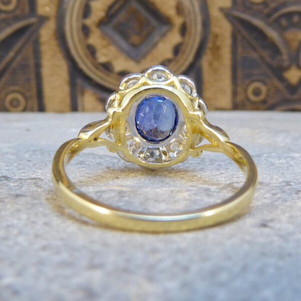 Sapphire 1.65ct and European Cut Diamond Cluster Ring