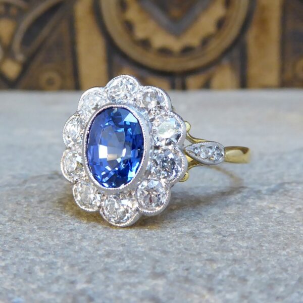 Sapphire 1.65ct and European Cut Diamond Cluster Ring